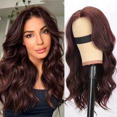 Wigs With Curtain Bangs, Wigs Medium Length, Lace Front Wigs With Bangs, Medium Length Wig, Tattoos 2023, Invisible Hair Extensions, Copper Red Hair, Auburn Brown, Brown Hair Looks