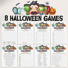 the 8 halloween games for kids to play on their own walls are shown in black and white