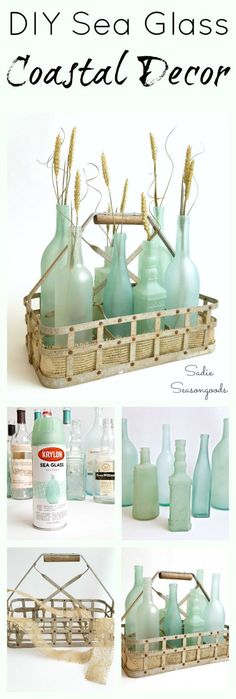 some bottles are sitting in a basket and one is filled with sea glass, the other has