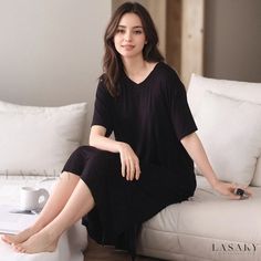 Lasaky - Solid Color V-neck Padded Nightgown with Cool and Breathable Thin Short Sleeves and Loose Fit Long Nightdress Long Nightdress, Black Nightgown, Satin Long Sleeve, Brown Outfit, Neck Bodycon Dress, Home Dress, Elegant Red, Cover Up Dress, Olivia Mark