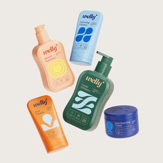 five different types of body care products on a white background