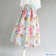 OrcaJump - Elegant Floral Midi Skirt Casual Full Skirt For Spring, Multicolor Knee-length Cotton Skirt, Multicolor Cotton Knee-length Skirt, Spring Multicolor Skirt With Elastic Waistband, Multicolor Flared Skirt For Spring, Spring Multicolor Flared Skirt, Spring Pleated Denim Skirt, Casual Multicolor Floral Print Skirt, Multicolor Lined Bottoms For Spring