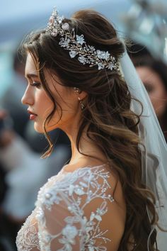 Princess Hair With Tiara, Wedding Hair Up With Tiara, Tiaras For Weddings, Wedding Hairstyles Half Up Half Down With Tiara, Wedding Princess Hair, Bride Hairstyles Tiara, Bridal Hair Pulled Back, Bridal Hair Down With Veil And Headband