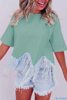 OrcaJump - Sequin Embellished Pink Disco Ball Asymmetric Fringed Crewneck T-Shirt Queen Card, Cowboy Print, Pink Disco, Music City Nashville, Nashville Music, Crop T Shirt, Chic Pink, Music City, Daily Style