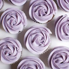 several cupcakes with purple frosting sitting on a white plate, top view