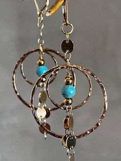 16K Gold Filled Turquoise Stone 2.5" Earrings 1" Outter Hoop .5" Inner Hoop  Hypoallergenic GF Leverback. Earring Ideas, Upcycled Jewelry, Lightweight Earrings, Light Weight Earrings, Diy Earrings, Turquoise Stone, Wire Jewelry, Jewelry Earrings Dangle, Gold Filled