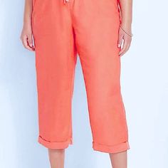 Nwt- Lane Bryant Mid Rise Capri Pull On Coral Pink Pants - New With Tags - Beautiful Coral Pink Color - Pull On Pant With Elastic Drawstring Waist - Rolled Hem, Cropped Fit - Loose Comfy Fit Measurements In Photos Casual Capri Length Bottoms, Solid Color Short Capris For Summer, Casual Bermuda Pants For Workwear, Solid Color Pull-on Style Capris, Loungewear Capris With Pockets, Cropped Leg, Spring Solid Color Pull-on Capris, Coral Pink Color, Spring Cotton Pull-on Capris, Stretch Cotton Pull-on Capris