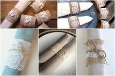 several different pictures of napkins with lace and burlocks on them, including one rolled up