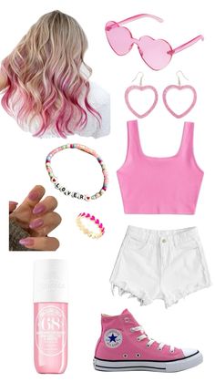 pink and white outfit with converse sneakers, sunglasses, bracelets and hair