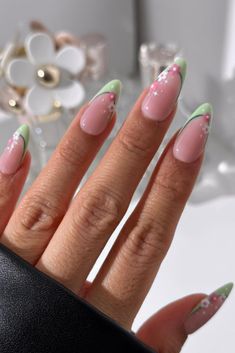 25  Chic French Tip Nail Designs to Elevate Your Look Abstract Nail Art French Tip, Oval Nails Summer Designs, Green And Pink Nails Acrylic, Fun French Tip Nail Designs, Simple Nail Designs For Spring, Short Nail Gel Designs, Green Design Nails, White French Tip With Design, Green And Pink Nails Designs