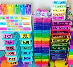 colorful classroom supplies are stacked on top of each other