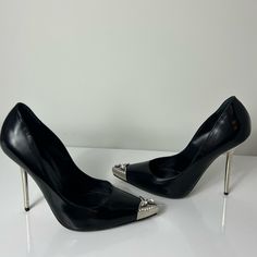 Versace Leather Pumps Black Pointed-Toes With Crystal Embellishments Moderate Scuffs At Soles; Minor Pulling At Trim; 1 Missing Embellishment On Each Shoe; Minor Scratches Throughout. Good Condition Heeled Pumps, Versace Shoes, Leather High Heels, Crystal Embellishment, High Heel Pumps, Leather Pumps, Black Pumps, Shoes Women Heels, Versace