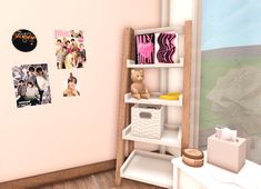 there is a shelf with pictures on it in the corner next to a window and a teddy bear