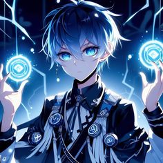 an anime character with blue eyes holding two glowing orbs in front of his face