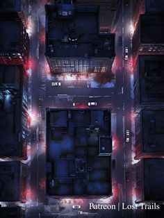 an aerial view of a city at night with red lights and buildings in the background