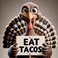 a turkey holding a sign that says eat tacos