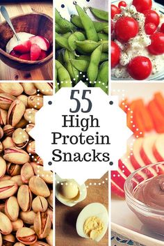 the top five high protein snacks are displayed in this collage with text overlay