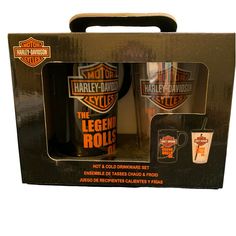 two harley davidson mugs in a gift box, one is black and the other is orange