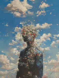 a painting of a man's head with flowers growing out of his body and clouds in the sky