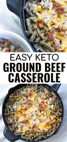 an easy keto ground beef casserole recipe in a cast iron skillet