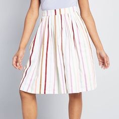 Modcloth Colorful Aspiration Creation Striped Pleated A-Line Skirt Retails: $79.00 Size: Xxs Color: Cream Multi Inaugurate Your Ambition By Stepping Into This White A-Line Skirt - A Standout Style From Modcloth Namesake Label! In But A Moment, The Pretty Pleats, Dreamy Pattern Of Vertical Stripes, And Secret Pockets Of This Elasticized-Back Beauty Will Boost Your Passions To Breakthrough Levels. Go Get ‘Em! New With Tags. Muslim Outfit Ideas, Modcloth Skirt, Form Fitting Clothes, Striped Midi Skirt, Muslim Outfits, Striped Skirt, Tie Waist Dress, Muslimah Fashion, Stripe Skirt