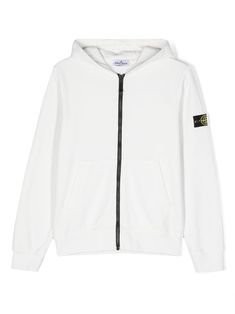 ivory white cotton signature Compass motif front zip fastening classic hood long sleeves straight hem Stone Island Junior, Logo Items, Boys Jacket, Cotton Logo, Stone Island, White Hoodie, Ivory White, Swimwear Tops, Zip Up