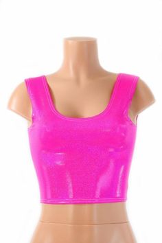 "This item is made to order, please read all the way through the listing before purchasing! This shiny, hot Barbie pink holographic top has a smooth reflective finish that bends the light in beautiful shifting rainbows. It features a scoop neckline in front and in back. Four way stretch spandex for a great fit! TOP LENGTH: Underarm to hemline measures 8\" Womens Sizing (See below for instructions on where measurements should be taken) XXS: Bust 29\"-30\" / Waist 22\"-23\" / Hips 30\"-32\" Extra Sparkle Crop Top, Camp Themes, Holographic Top, Neon Crop Top, Crop Top Sleeveless, Pink Bubblegum, Crop Top Pink, Style Crop Top, Pink Sparkly