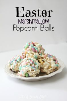 easter marshmallow popcorn balls on a white plate