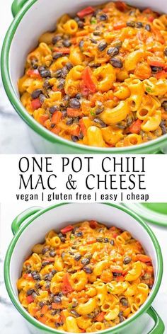 one pot chili macaroni and cheese is shown in two different images with the title above it