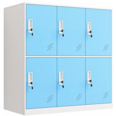 four blue lockers with white handles and knobs on the doors are shown in front of a white background