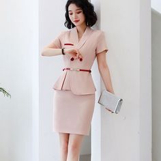 IZICFLY New Summer Style Pink 2 Piece Business Suit Women Uniform Elegant Lady Work Wear Blazer Set Business Suit Women, Women Uniform, Fancy Short Dresses, Classy Outfits For Women, Lace Summer Dresses, Corporate Attire, Stylish Short Dresses, Womens Suits Business, Stylish Work Attire