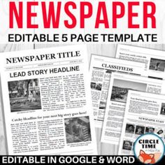 newspaper page templates with the title, editable in google & word