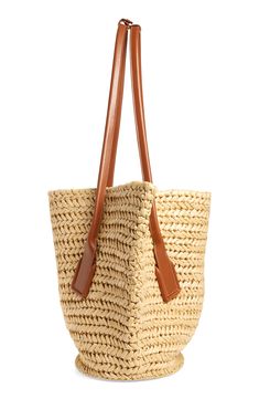 Crocheted raffia brings warm-weather charm to this roomy tote named for the elegantly arched over-the-shoulder handles. Open top Top carry handles Removable zip pouch Flat base for stability Raffia with leather trim Made in Italy Designer Handbags Luxury Rectangular Straw Bucket Bag, Elegant Bucket Bag With Leather Handles In Natural Color, Elegant Natural Bucket Bag With Leather Handles, Luxury Beige Bucket Bag With Intrecciato Weave, Elegant Natural Color Bucket Bag Tote, Elegant Natural Color Bucket Tote Bag, Luxury Natural Woven Crochet Bag, Elegant Natural Color Tote Bucket Bag, Luxury Beige Basket Bucket Bag