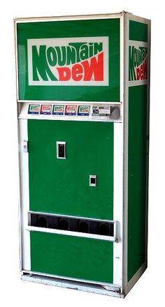 an old fashioned mountain dew vending machine is shown in color green, with the word mountain dew on it's side