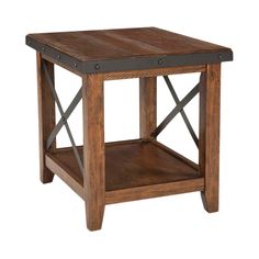 a wooden table with metal straps on the legs and an open shelf underneath it, against a white background