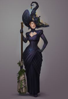 an image of a woman dressed as a witch holding a broom and wearing a black dress