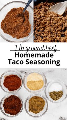 the ingredients for homemade taco seasoning in bowls