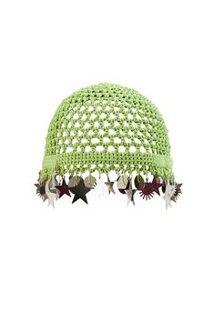 a green crocheted hat with stars on it