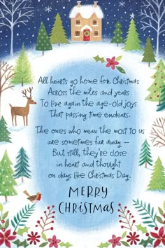 a christmas card with an image of a house in the snow and holly trees on it