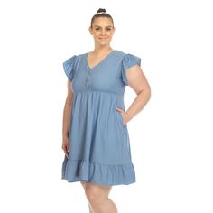 Your new favorite dress this season is here. This chambray dress features a flattering and comfortable babydoll fit on a relaxing cut. The flutter sleeves and the V-neck add a very feminine touch that is easy to dress up or down. It also features a button front, elastic waistline and ruffled hem. -Care Instructions: Machine Wash Cold -Material: 70% Cotton, 26% Rayon, 4% Spandex Product Specifications: -Short Sleeve Dress Denim, Empire Waist Dress, Empire Dress, Chambray Dress, Flowing Skirt, White Mark, Formal Looks, Plus Dresses, Flutter Sleeves