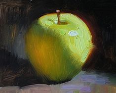 an apple is sitting on a table in front of a black background with white and yellow lines