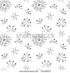 black and white fireworks on a white background with stars in the sky, seamless pattern