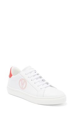 The brand's logo and a contrasting collar define a low-top sneaker shaped from smooth leather and secured with a classic lace-up closure. Leather upper/textile lining/synthetic sole Imported Low-top Sneakers With Logo Detail And White Sole, Low-top Sneakers With Logo And White Sole, Low-top Sneakers With White Sole And Logo Detail, Red Low-top Sneakers With Embossed Logo, White Low-top Platform Sneakers With Logo Detail, Modern Low-top Platform Sneakers With Logo, Sporty Lace-up Platform Sneakers With Embroidered Logo, Modern Platform Lace-up Sneakers With Logo Print, Modern Low-top Platform Sneakers With Logo Print