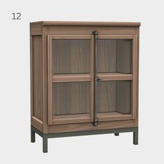 a wooden cabinet with glass doors on the front and bottom shelves in two different colors