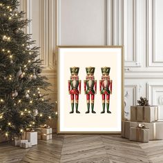 three nutcrackers standing in front of a christmas tree