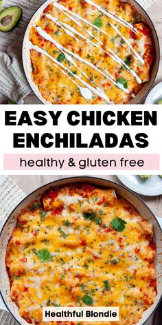 an easy chicken enchiladas recipe in a skillet with text overlay