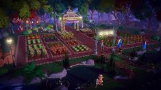 an animated garden with lots of plants and people walking around the area at night time