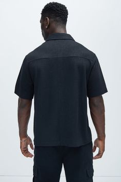 Available In Black. Fold Down Collar Front Button Closure Short Sleeve Textured Detail 96% Polyester 4% Spandex Imported | Mens Henrik Textured Shirt in Black size 3XL by Fashion Nova Black Collared Tops With Button Closure, Black Fitted Top With Camp Collar, Fitted Black Shirt With Camp Collar, Black Tops With Spread Collar And Button Closure, Black Top With Button Closure And Spread Collar, Black Johnny Collar Short Sleeve Shirt, Casual Black Top With Spread Collar, Black Fitted Shirt With Johnny Collar, Black Casual Shirt With Spread Collar