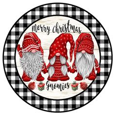 three gnomes with christmas hats and the words merry christmas gnomes on a checkered background