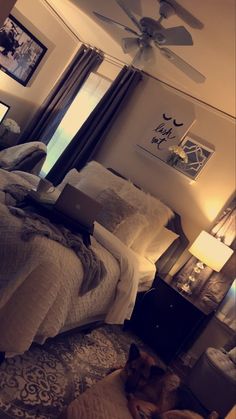 a dog laying on top of a bed next to a window with curtains and a ceiling fan